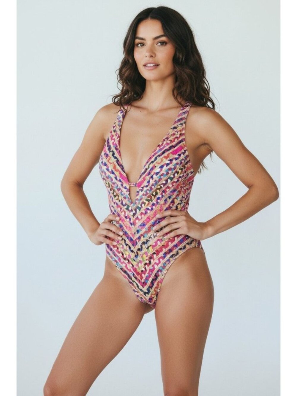 Sam Edelman One Piece Swimsuit Bold Mosaic Print Medium Pink New With Tag